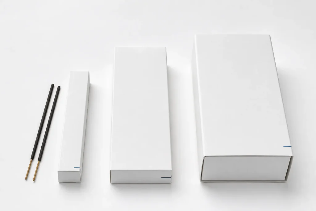 Drie formaten wierookverpakking voor vergelijking van inhoud en variant